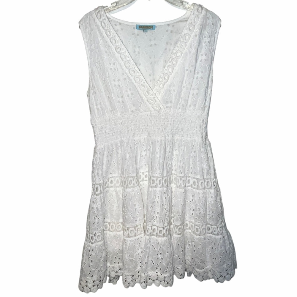 Samson White Eyelet Lace V Neck Smocked‎ Waist Women's Tiered Mini Dress Size L
